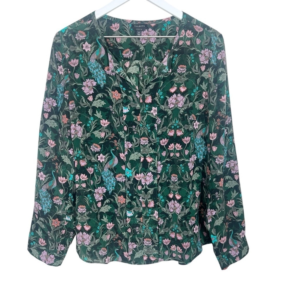 Talbots Womens green peacock floral washable silk long sleeve blouse size 8